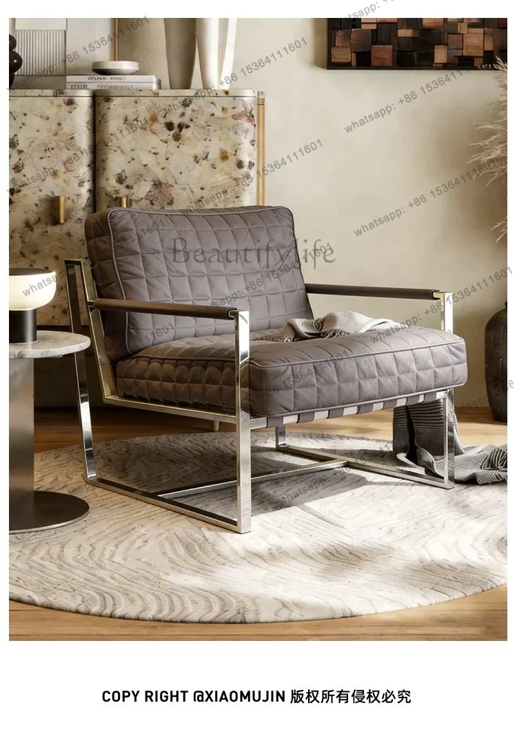 PG Italian Minimalist Light Luxury Leisure Single Leather Art Sofa Chair Living Room Bedroom Premium Stainless Steel Armchair