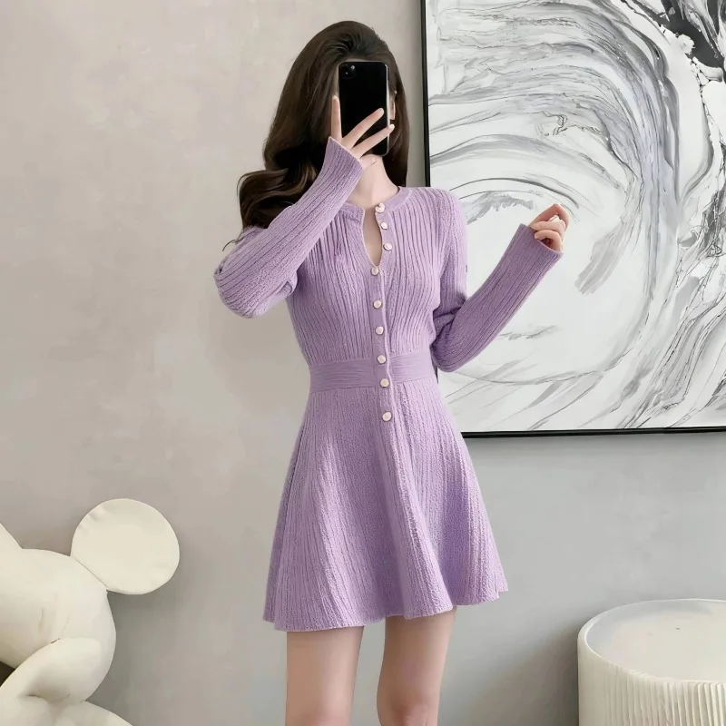 Women V Neck Knit Mini Dress Long Sleeve Button Decor High Waist Flare Hem Slim Casual Dress