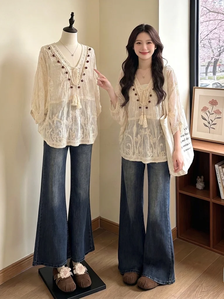 

Bohemian Style Women's Lace Shirt V-Neck Mid-Length Outerwear Summer New plus Size Fat MM Cover up Loose Fit Korean Style