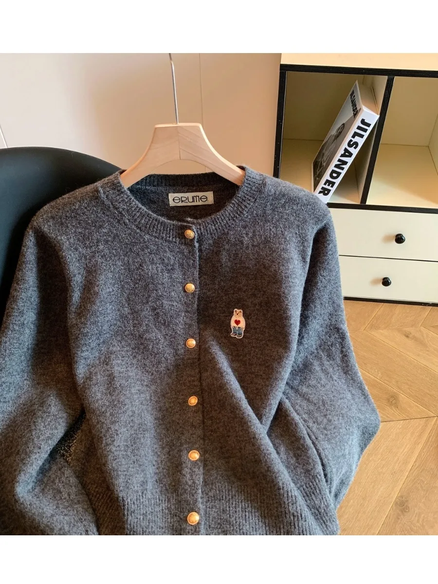 Anti-Aging Bear Embroidery Sweater Cardigan Women's Autumn Winter Single Button round Ne Casual Long Sve Sweater Jaet