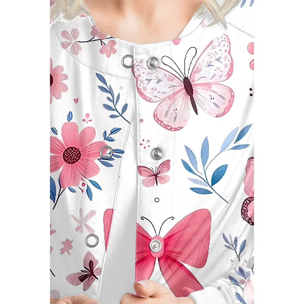 캐주얼 의료용 스크럽 재킷 유니폼 부드럽고 편안한 폴리에스터 스판덱스 긴 소매 싱글 브레스티드 프린트 치과 의사 재킷