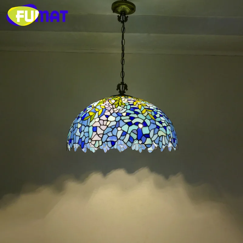 FUMAT Tiffany style stainedglass 20inch vintage Wisteria chandelier inverted pendant light for restaurant bedroom hallway decor