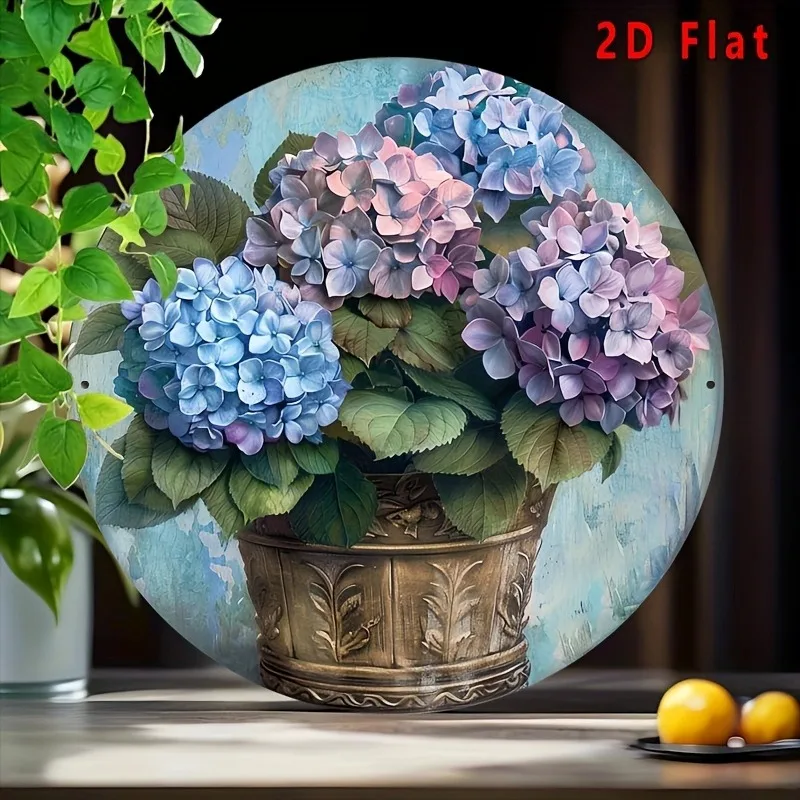 Blue Purple Hydrangea Potted Flower 2D Round Metal Tin Sign 20x20cm Vintage Oil Painting Iron Plaque Country Kitchen Wall Art