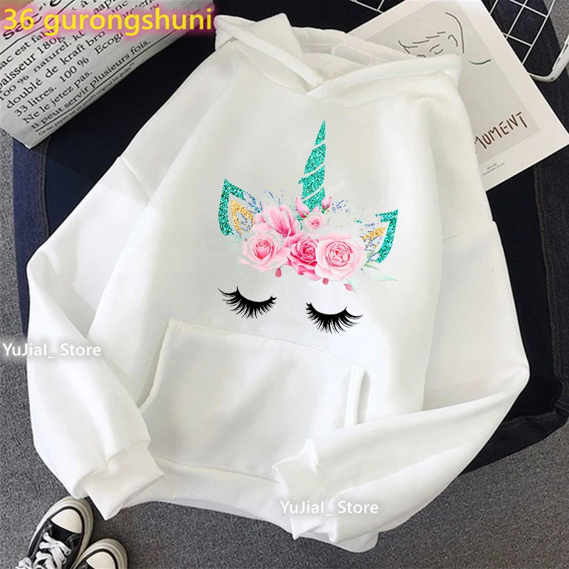 Kawaii Unicorn Print Cap Hoodies Women Glitter Pink Flowers Sweatshirt Girls Long-Sleeved Winter/Spring/Autumn Clothes