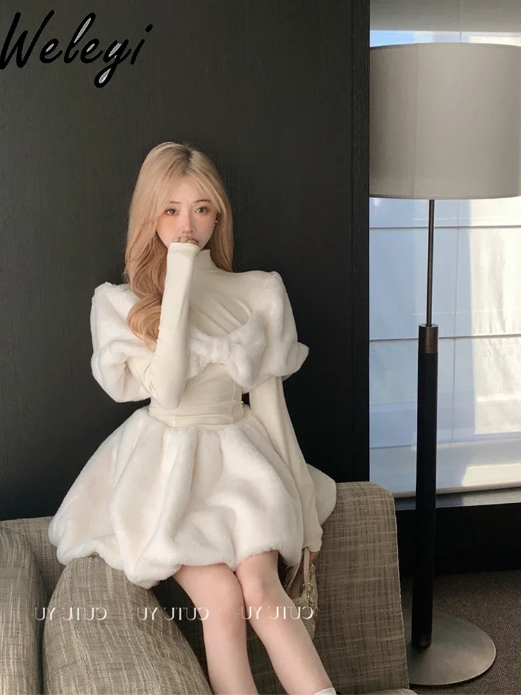 

Large Size Plush Splicing Bow Turtleneck Dress Korean Fashion Women's Autumn and Winter Sweet Pullover Waist A Word Puffy Kleid