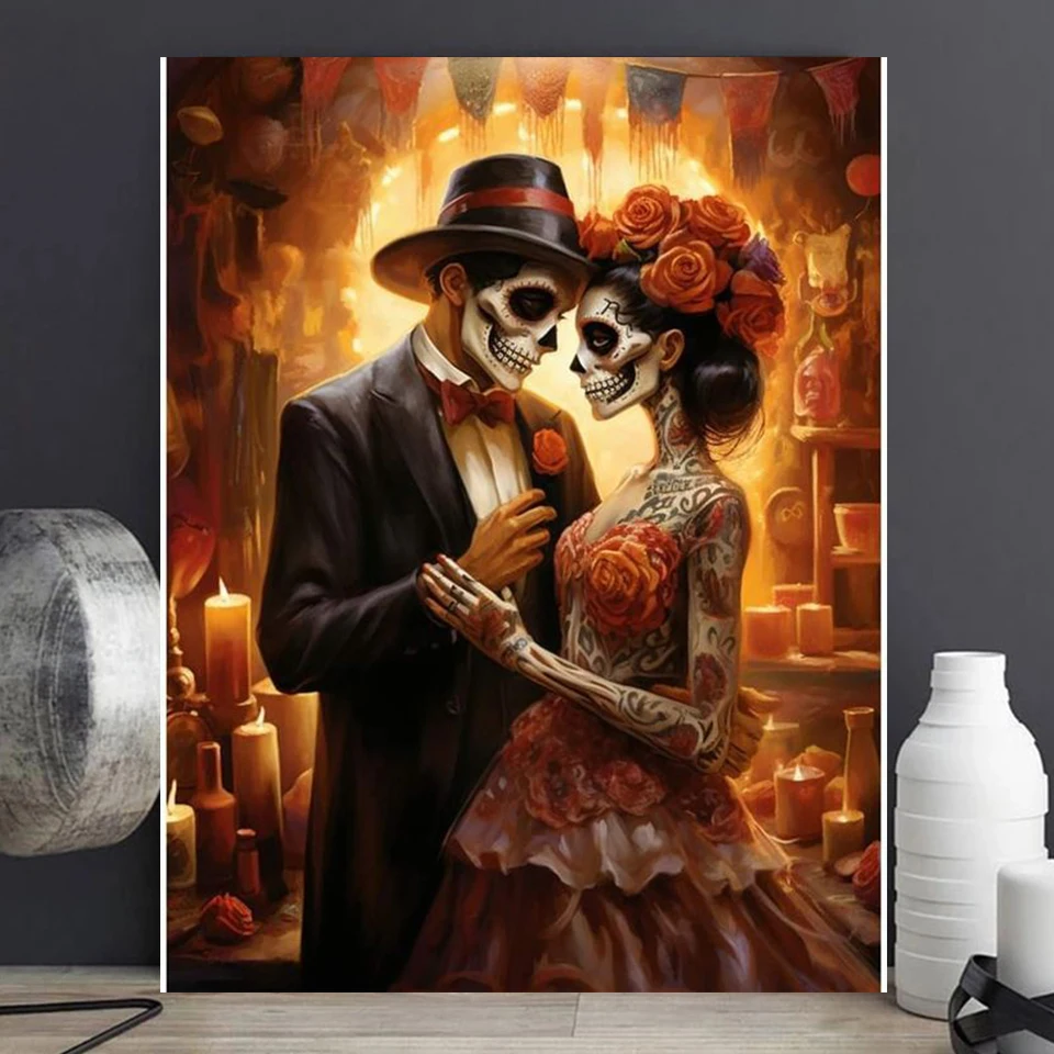 Gothic Art DIY Diamond Embroidery Skull Couple 5D Cross Stitch Diamond Painting Rhinestone Full Diamond Mosaic Decor Lover Gift