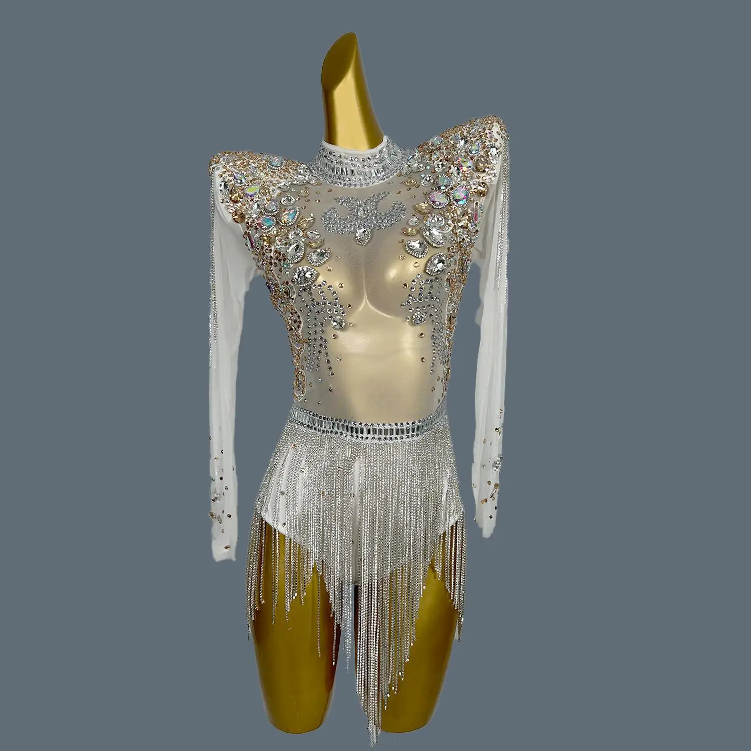 

Women Crystal Beading Fringes Bodysuit Glitter Sparky Sexy Dress Dancer Stage Costume Nightclub Party Prom Gowns Bolihuanghou