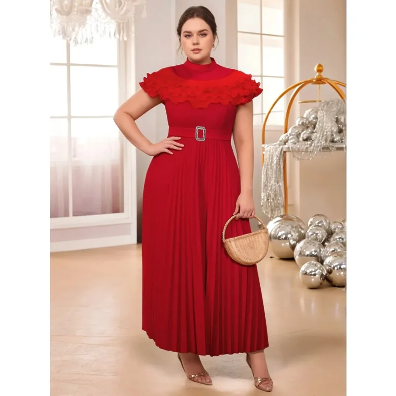 

Women Red Vintage Long Pleated Dress Mesh Patchwork Mock Neck Short Sleeve High Waist Banquet Evening Celebrate Gowns Plus Size