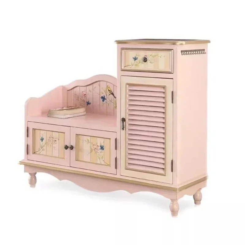 

American country pink shoe changing stool, integrated storage cabinet