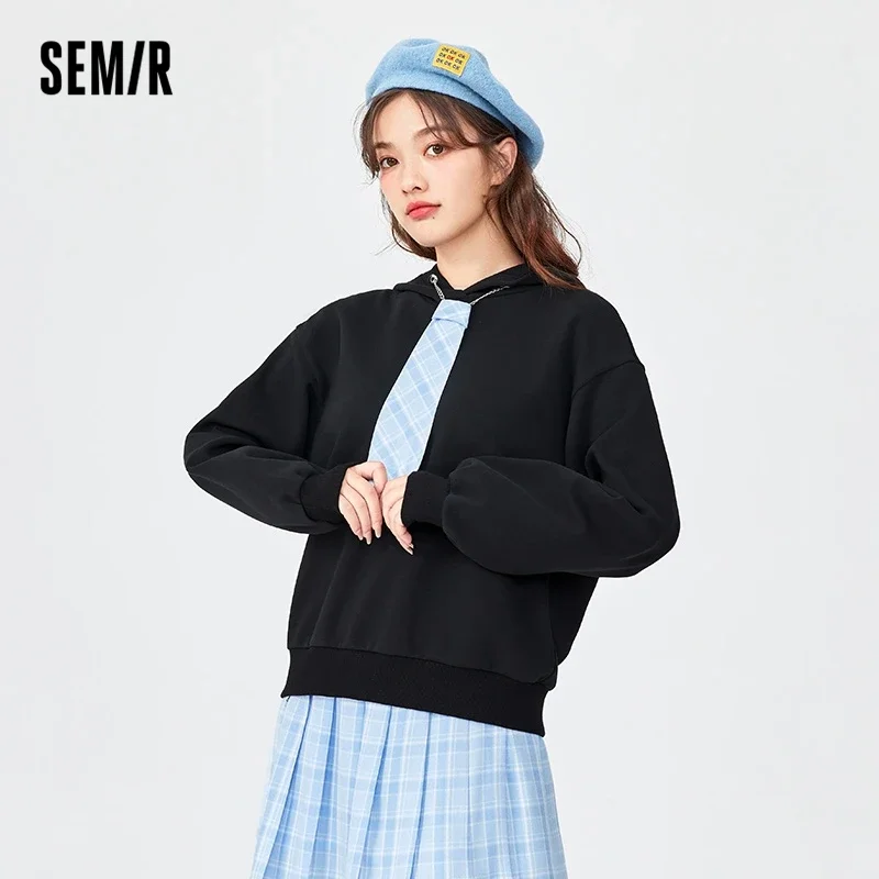 Semir Suit Women Hooded Sweater Plaid Pleated Skirt 2022 Spring And Autumn New Loose And Gentle Two-Piece Preppy Style