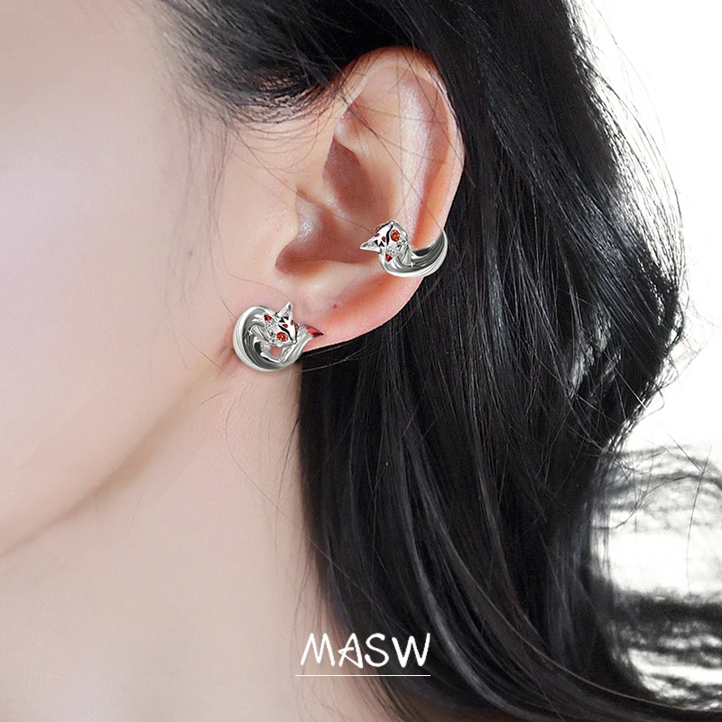 MASW Original Design Lovely Style High Quality Brass Thick Silver Plated Red Fox Clip Earrings For Women Girl Gift Trend Jewelry