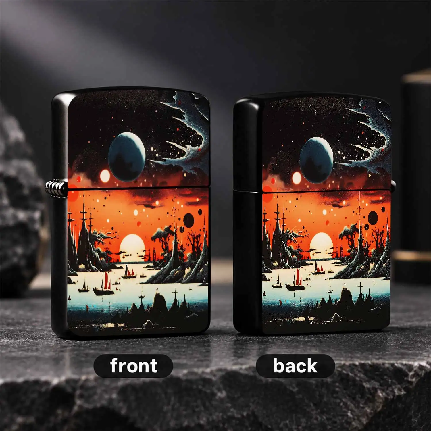 Surreal Alien Coast Scenery Printed Lighter, Multi-Celestial Fantasy Art Pattern PORTABLE Ignition Tool, Ideal for Daily Candle Lighting, Outdoor Camping, Universal for All Scenarios, Stylish Sci-Fi Themed Practical Ac A Humorous And Intere