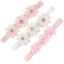 Diamond Chiffon Flower Lace Headband for Baby Girl Hair Accessories Korean Style Newborn Pink Flowers Hairband 3 Floral Headwrap