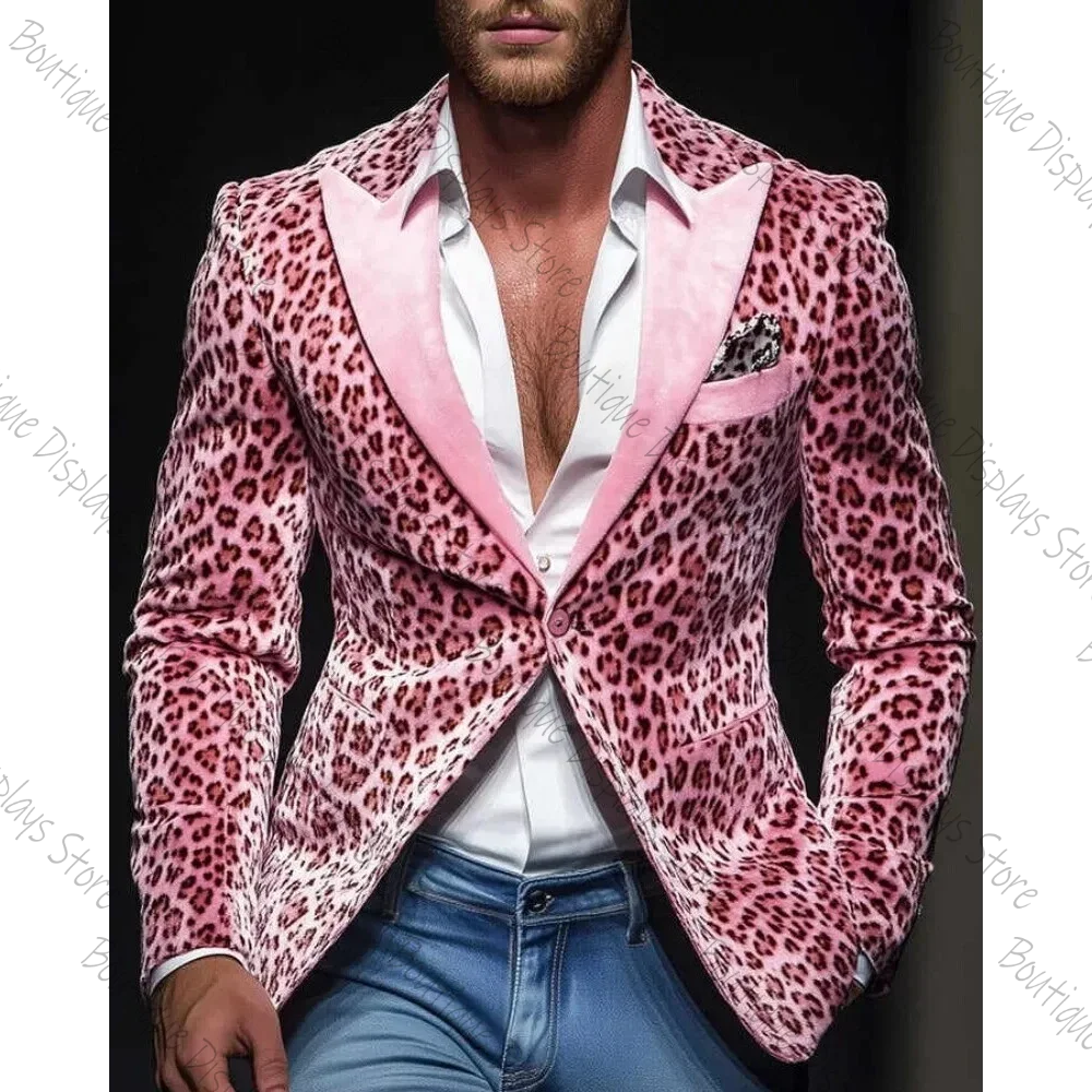 Customizable Pink Leopard Print Single Button Men Jacket One Piece Peaked Lapel Business Casual Formal Costume Homme Blazer