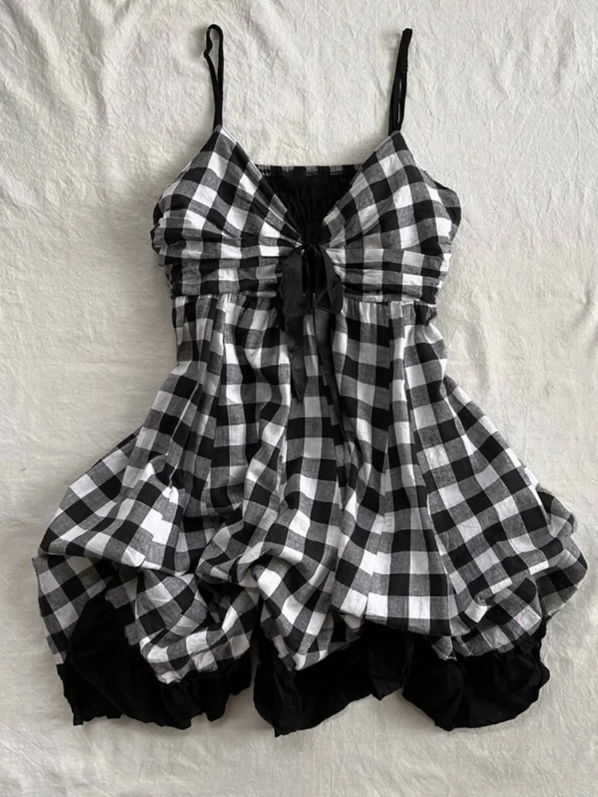 Original Vintage Bla blanc Plaid bretelles a-ligne Dr femmes été coton taille haute robe marque chinoise BYSN-250098