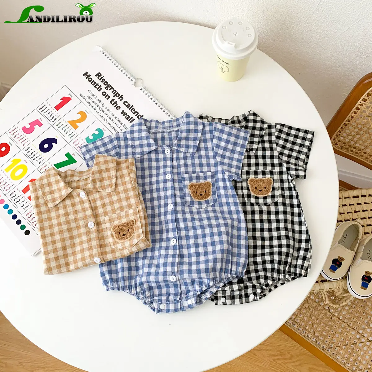 

New Cute jumpsuits kids Baby Clothing BodySuits Summer Short Sleeve Plaid Embroidery Bear Outfits Infant Kids Handsome Boy Suit