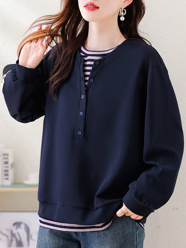 

Winter Loose Long Sve Hoodie Women's Casual Sle Fake Two-Piece Belly Covering Slimming Versatile plus Size Inner Wear