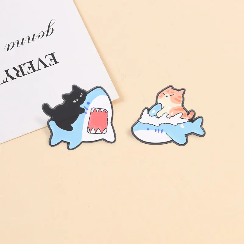 2pcs/set Cartoon Animal Series Enamel Pins Crocodile Calico Cat Shark Reading Goose Seagull Brooches Lapel Badge Jewelry Gifts - view 3