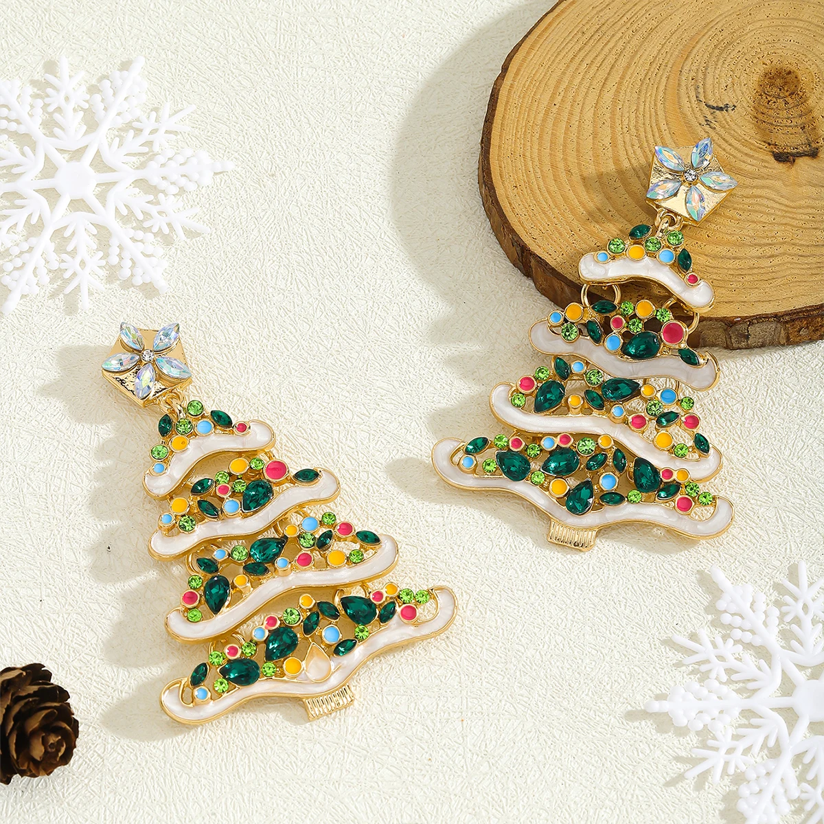 زوج واحد من الأقراط المتدلية لشجرة عيد الميلاد، إكسسوارات أذن من سبائك الزركون الملونة اللامعة، هدية لحفلات العطلات ﻿