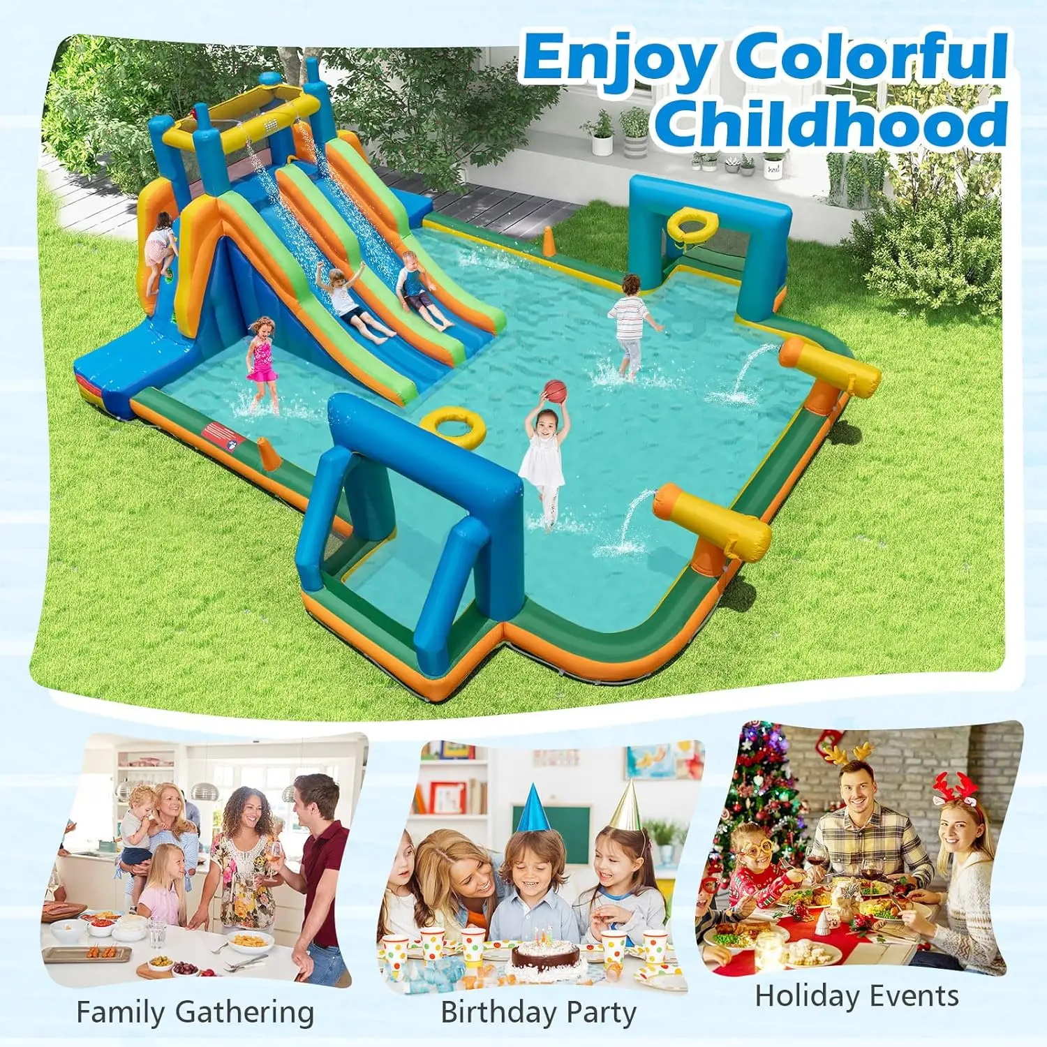 Aufblasbare Wasserrutsche, 19 x 17 Fuß Mega-Wasserrutsche für Kinder mit zwei Rutschen für Rennspaß, 1100-W-Gebläse, Spritzbecken, aufblasbares Wasser