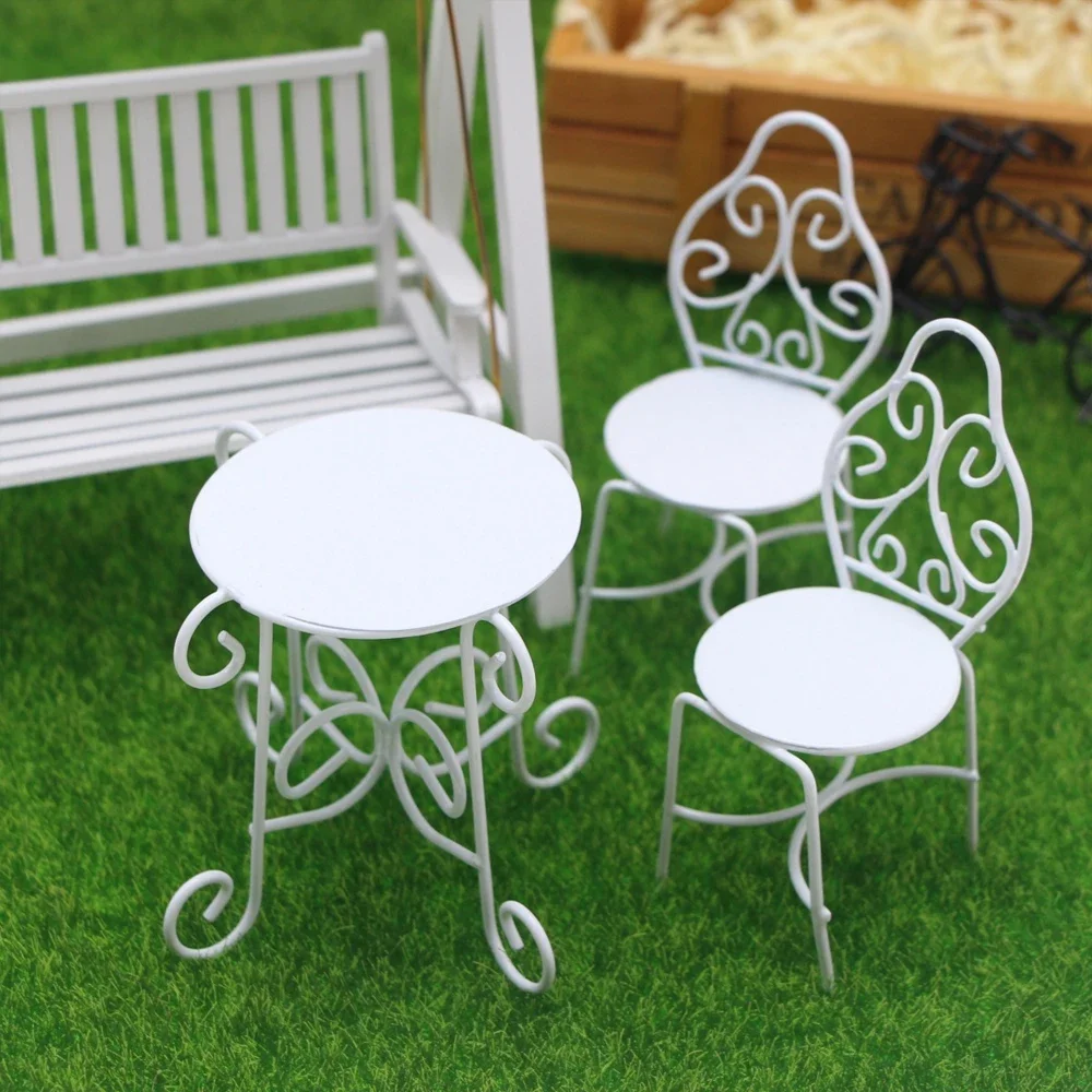 Dollhouse Mini Iron Outdoor Tea Table and Chair Combination BJD Miniature Garden Courtyard Scene Prop Toy Matching Model