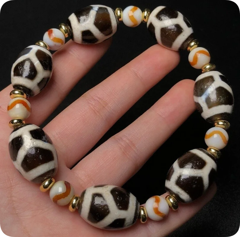 Tibetan Old Agate Dzi Longevity Turtle Shell Totems Beads Bracelet M0918