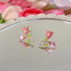 Pink Color CZ Crystal Tulip Flowers Stud Earrings for Women Simple Korean Design Ear Jewelry Friend Christmas Gift