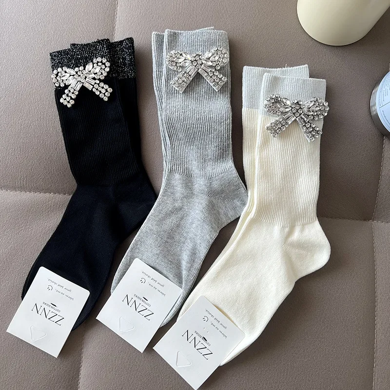 Bow Tie Crystal Rhinestone Charm Slouch Junk Socks Women