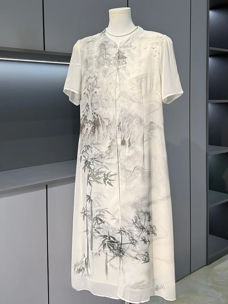

Ele Silk Print Dr ort Sve Mom Summer Faion Traditional Chinese Sle Women's Mid-aged And ly Clothing