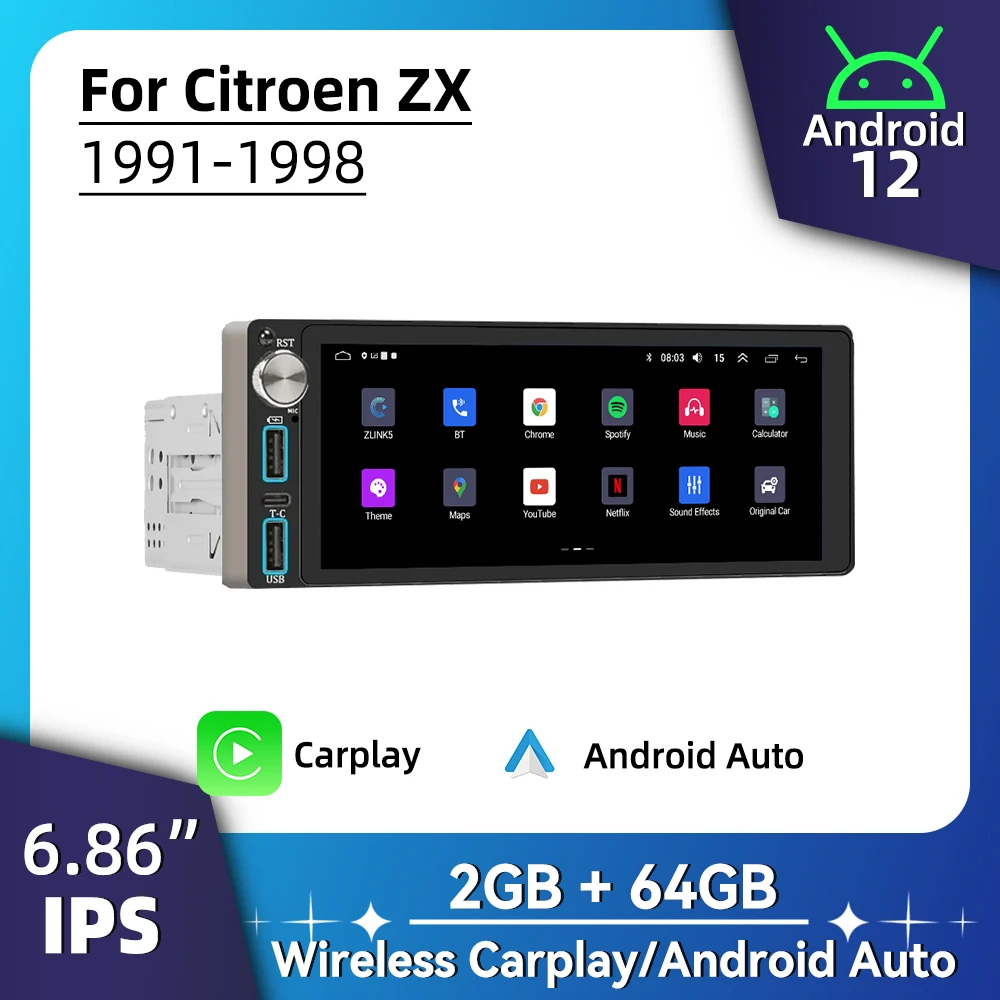 

Автомобильное радио Carplay Android, автомобильное мультимедиа для Citroen ZX 1991-1998 6,86 дюйма, экран, 1 Din, стерео головное устройство, GPS-навигация