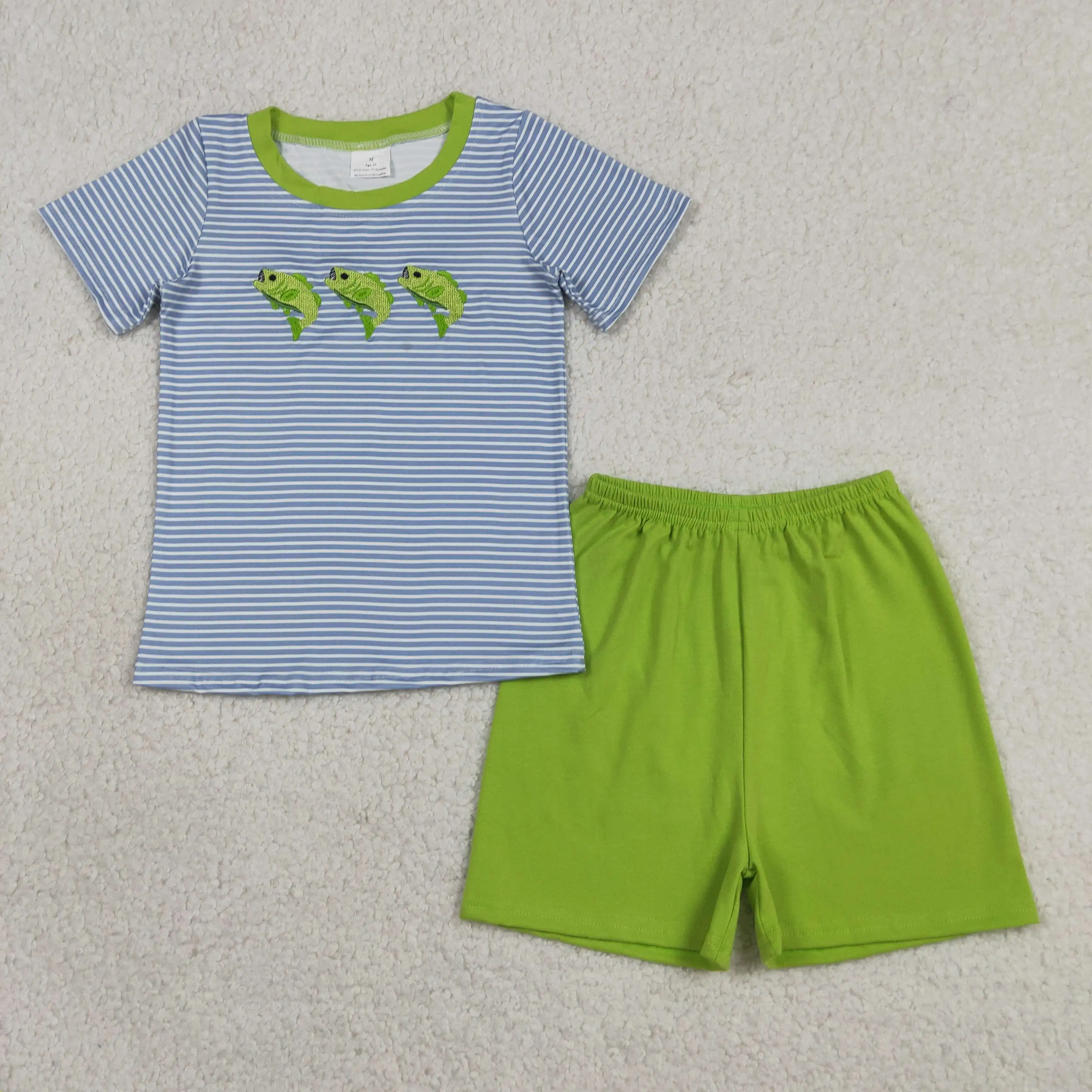 Wholesale Baby Boy Stripes Short Sleeves Embroidery Fish Shirt Children Kids Set Green Shorts Boys Toddler Outfit Clothes