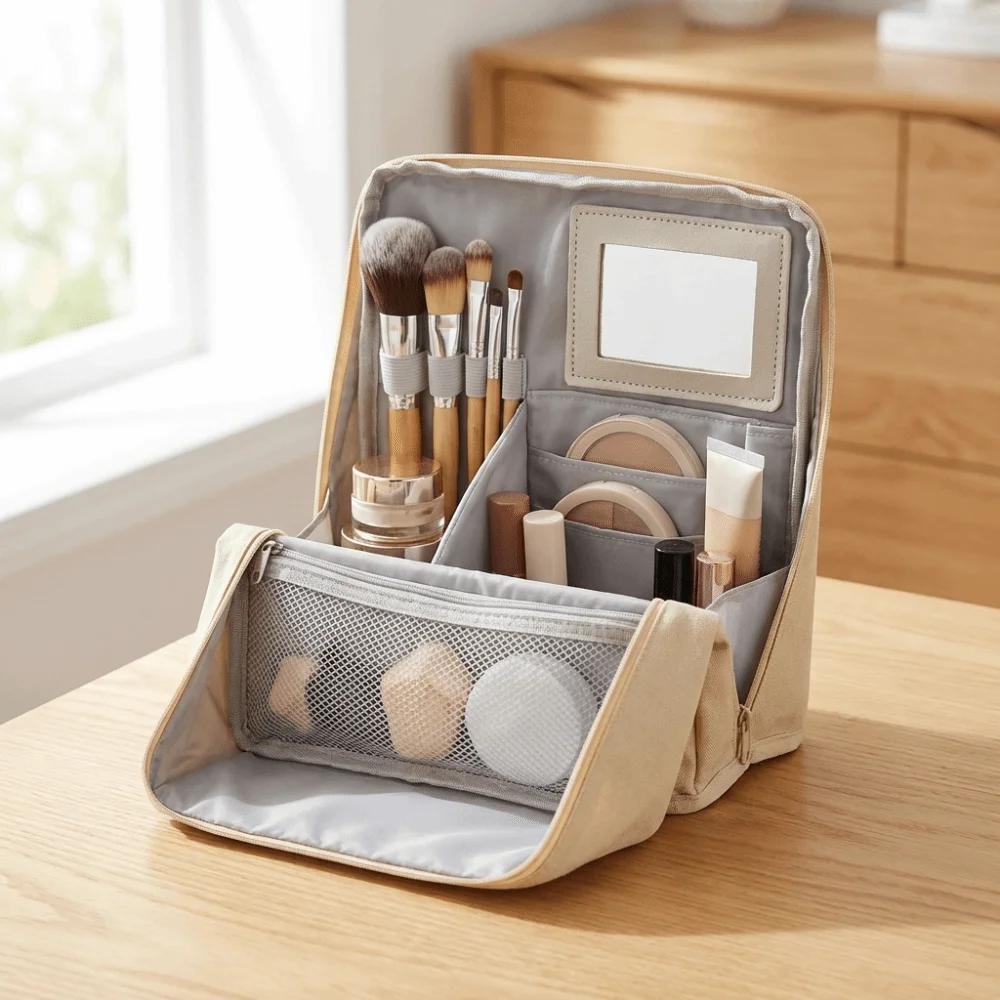 

Large Capacity Vertical Makeup Bag Standable Multi-Compartment Skincare Storage Bag Portable with Mirror