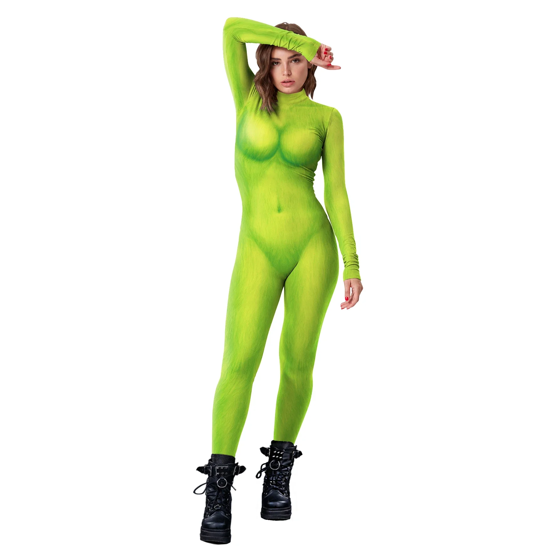 2024 New Christmas Women Fashion Jumpsuit Long Sleeve Green Printing Bodysuit Holiday Party Funny Cosplay Costumes Performance