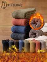 10 Pairs Men's Simple Solid Color Casual Thick & Fleece Lined Warm Daily Crew Socks