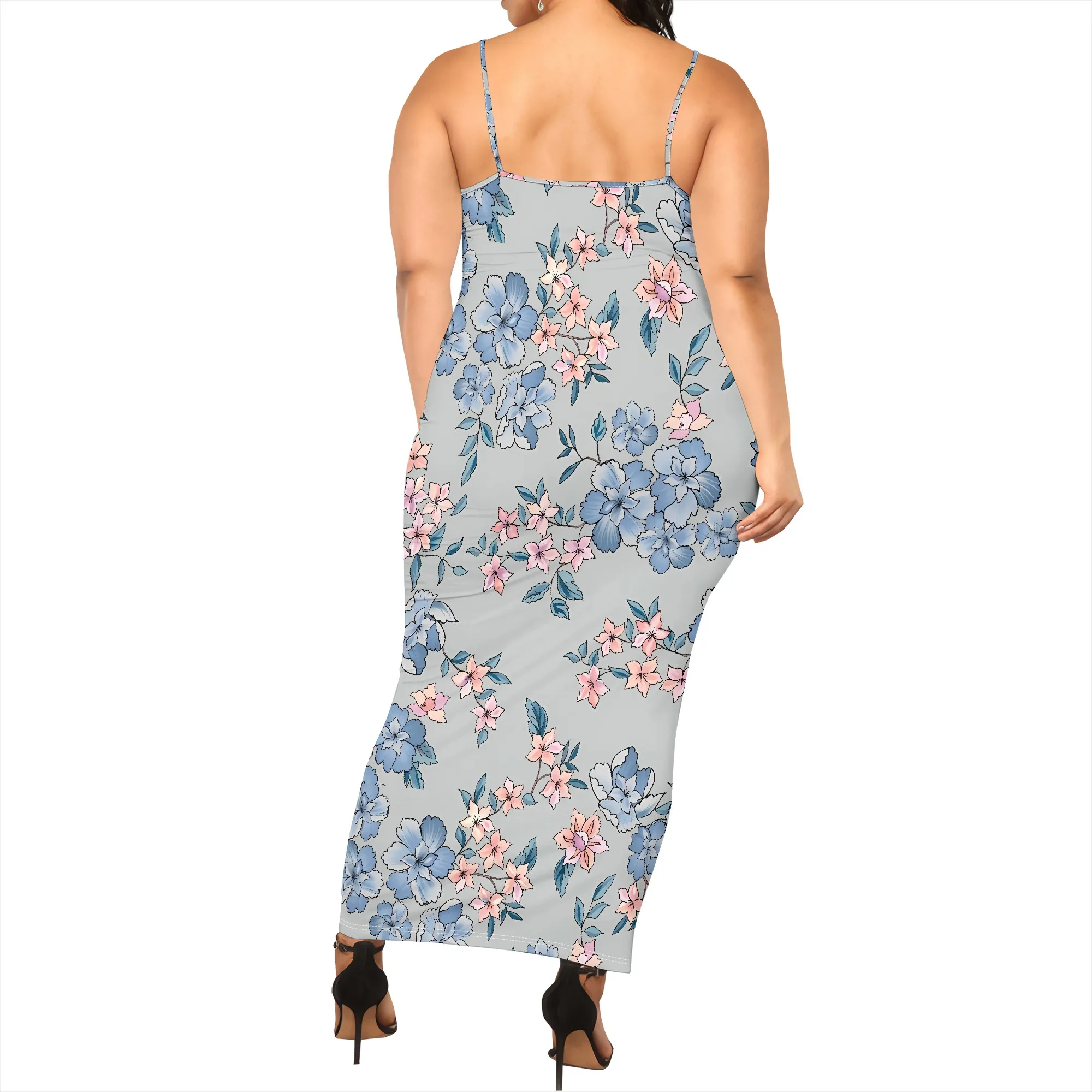 플러스 사이즈 스파게티 스트랩 블루 꽃 Bodycon 맥시 드레스 여성 캐주얼 여름 복장
