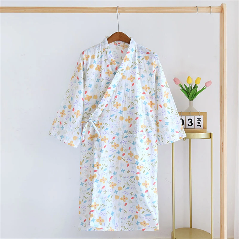 Peignoir kimono en coton pour femme, robe à lacets, chemise de nuit décontractée pour femme, col en V, vêtements de nuit respirants, vêtements d'intérieur, printemps, été