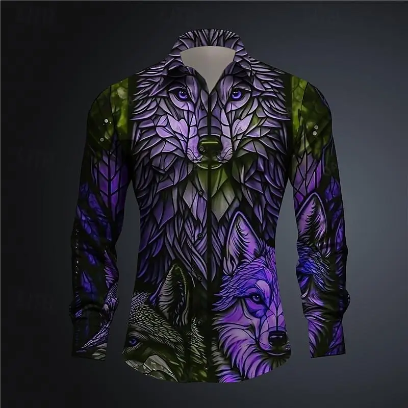 

Colorful Wolf Subculture Men's Printed Shirt Party Street Vacation Spring/Summer Four way Elastic Fabric Shirt