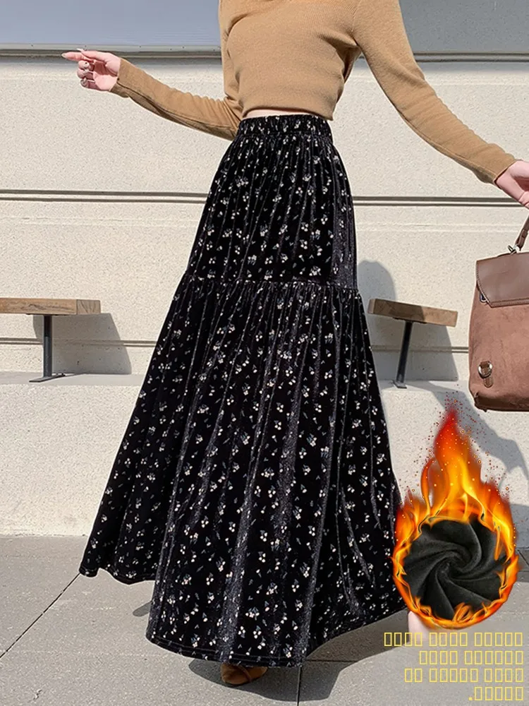 

Faionable Floral Print Fce Lined Casual Skirt High Waist Slimming Long Women's Autumn Winter Faion Skirts