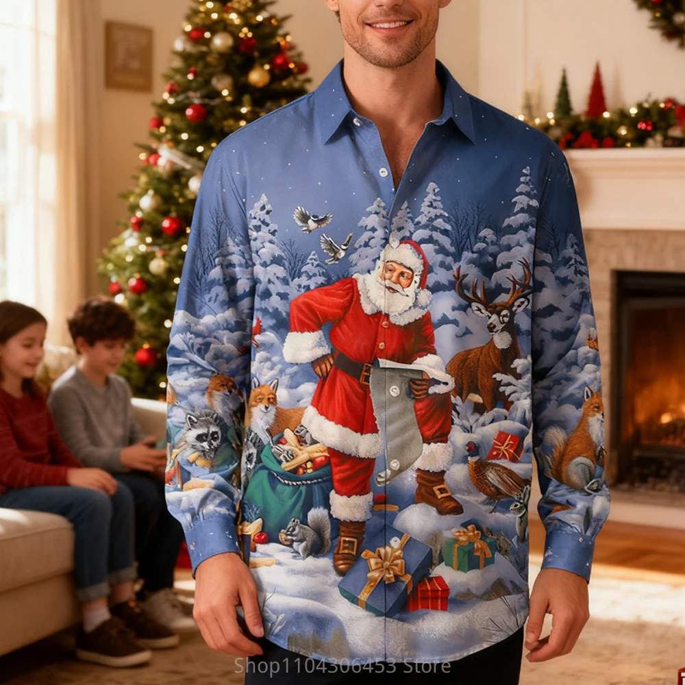 Men's Christmas New Year Reindeer Turkey 3D Printed Lining Holiday Party Funny Pattern Shirt Men's Autumn and Winter New Casual
