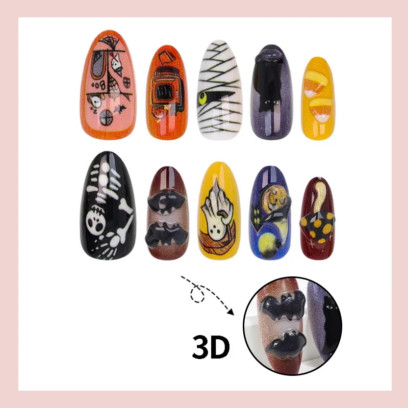 30pcs New Halloween Style False Nails Hand-painted Skull Bat Ghost Pumpkin Decor Press On Nails 3D Relief Almond Party Fake Nail - view 3