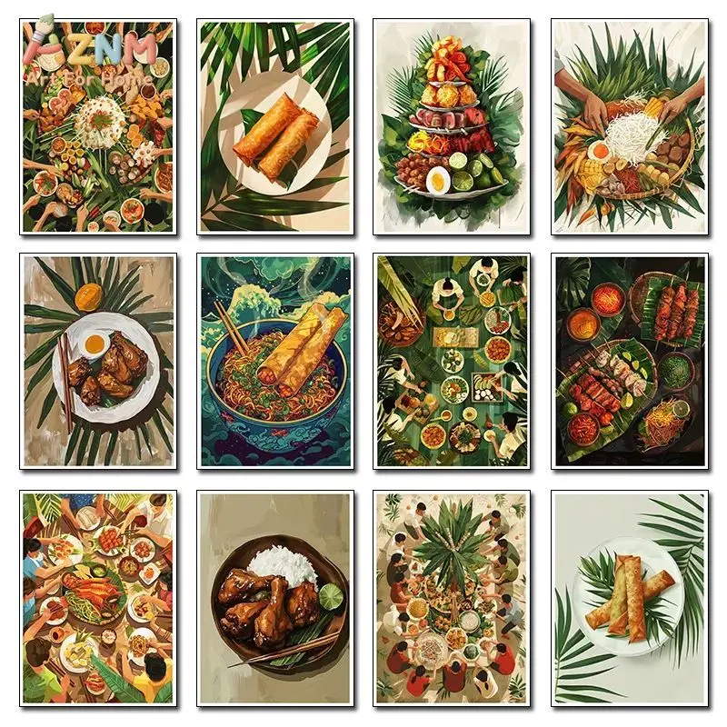 AZNM Watercolor Southeast Asian Food Canvas Poster Frameless Wall Art Spring Roll Noodle Satay Chicken Tropical Cuisine Print Fo
