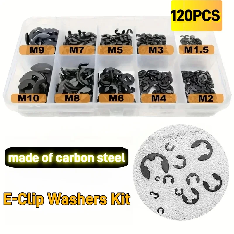 

120PCS/Box E-Clip Washers M1.5 - M10 Circlip Retaining Ring Sack Retainer Buckle-shaped Split Washers Kit