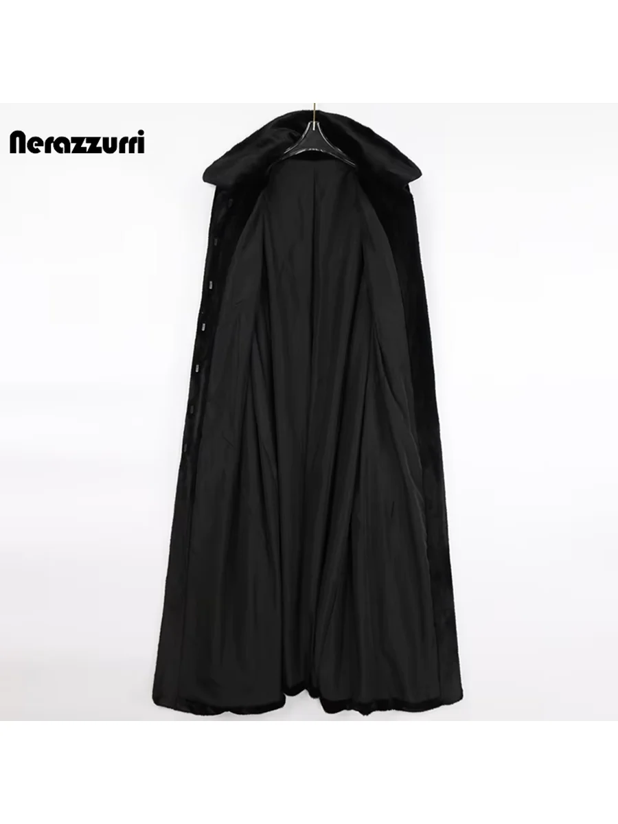 Nerazzurri осень-зима длинное приталенное мягкое черное пушистое шуба из искусственного меха женское с отложным воротником элегантное роскошное шикарное меховое пальто 2025