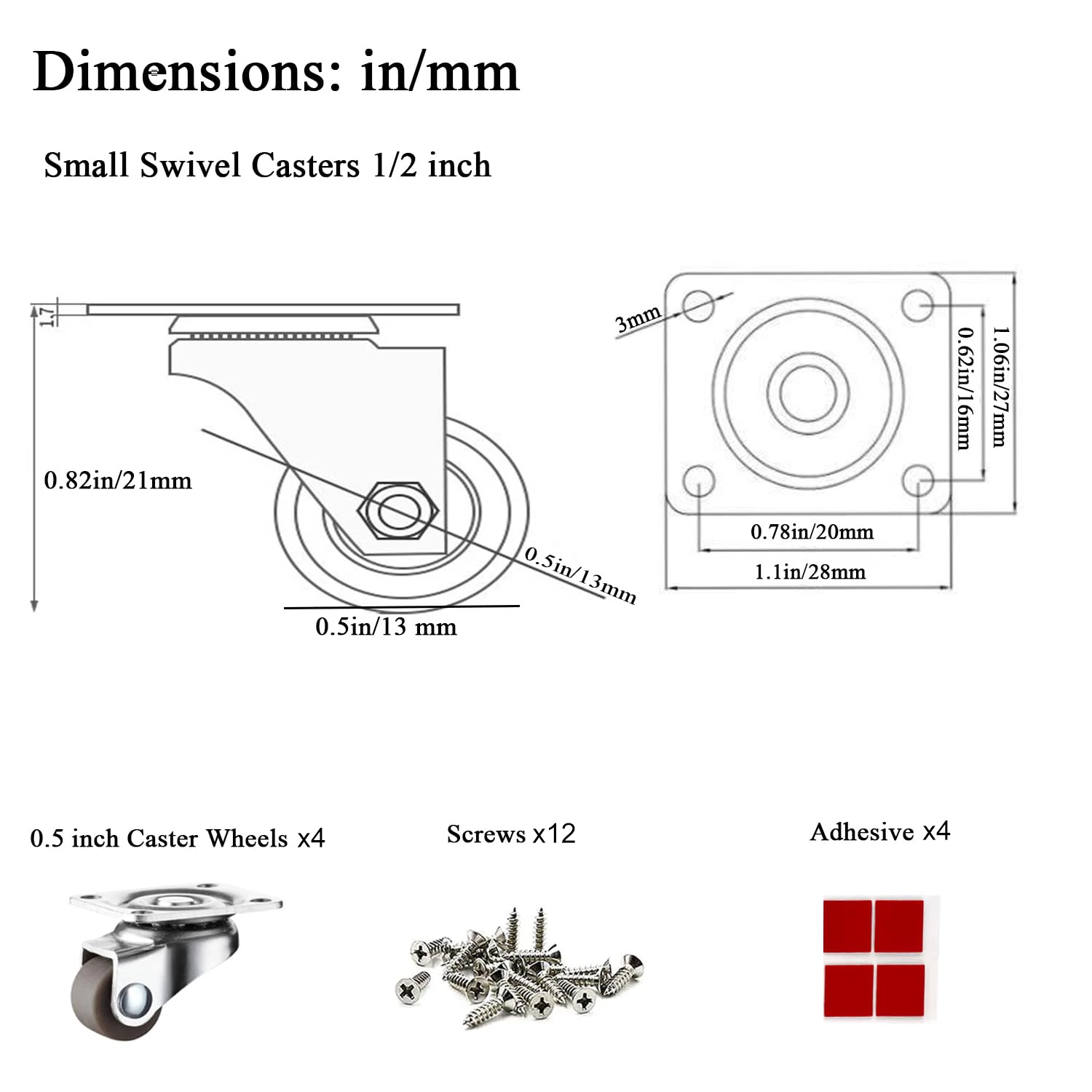 4Pcs Mini Caster 0.5 Inch Low Profile Rubber Tiny Swivel Casters, for Small Appliances, Furniture, Toy Cart Storage Boxes