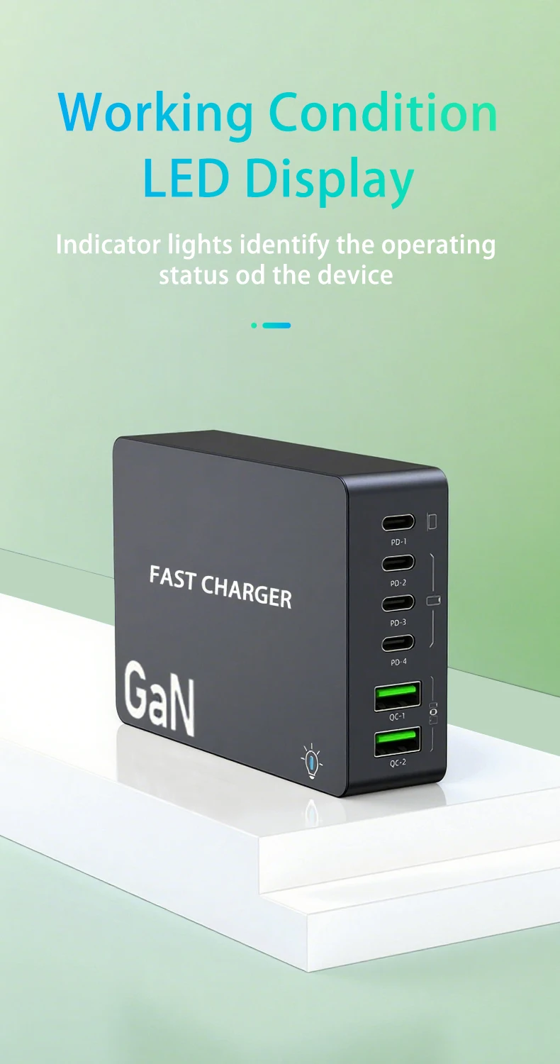 1100 W GaN 6-Ports USB C Ladegerät 100 W PPS Schnellladestation für Samsung iPhone Laptop Tablet MacBook Typ C PD Schreibtischladegeräte – Detail 10