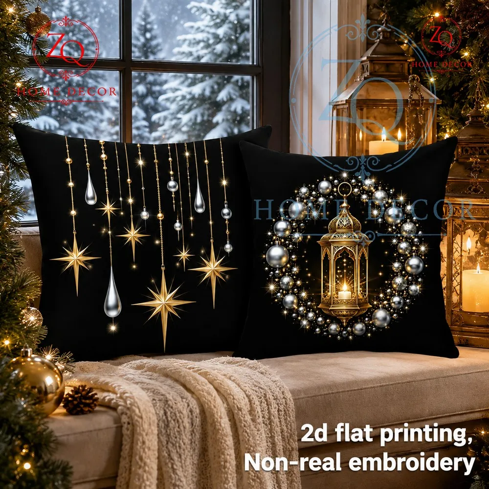 Retrostyle lantern Christmas wreh pillowcase with sophisticed black  gold color scheme brightens up the winter home mosphere.