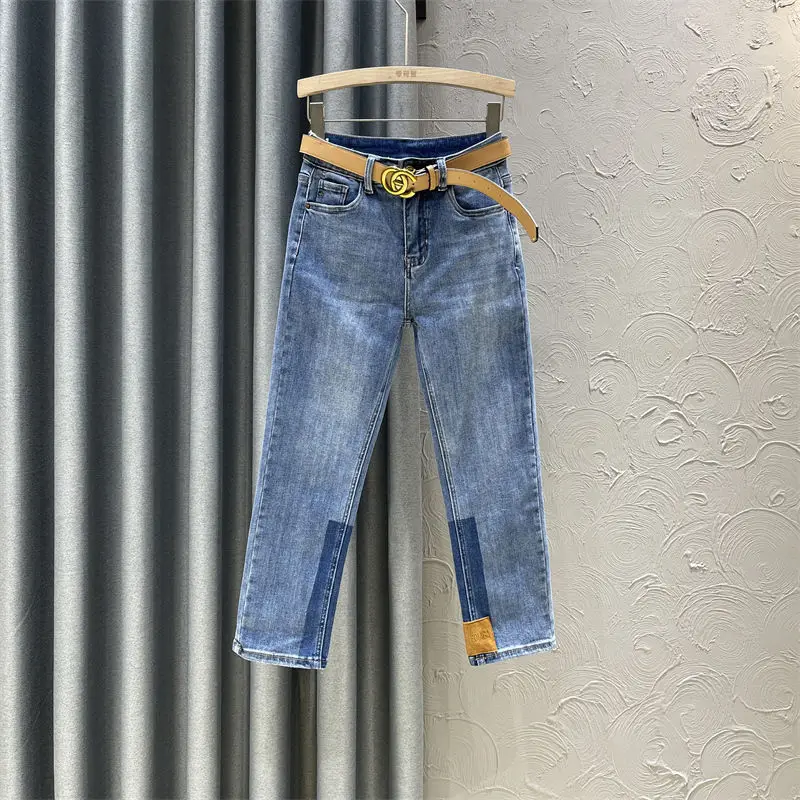 

Light Blue Denim Pipe Pants for Women in the Autumn Hort Height Waist That Looks Slim Color Blocked Versatile Straight Leg Pants