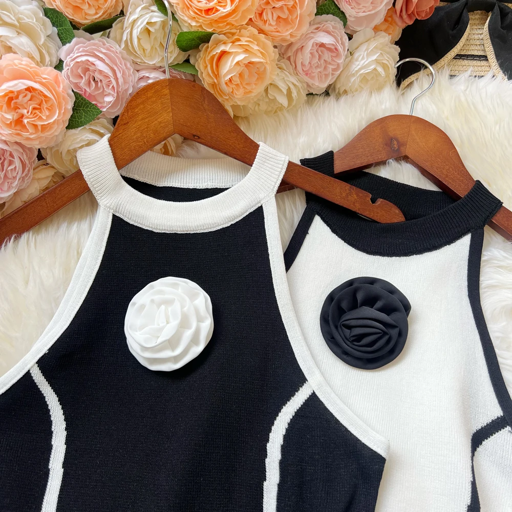 YuooMuoo Chic mode tricoté hauts femmes Y2K fabrication à la main 3D fleur mince élastique tricoté pull débardeurs tenues d'été chemises