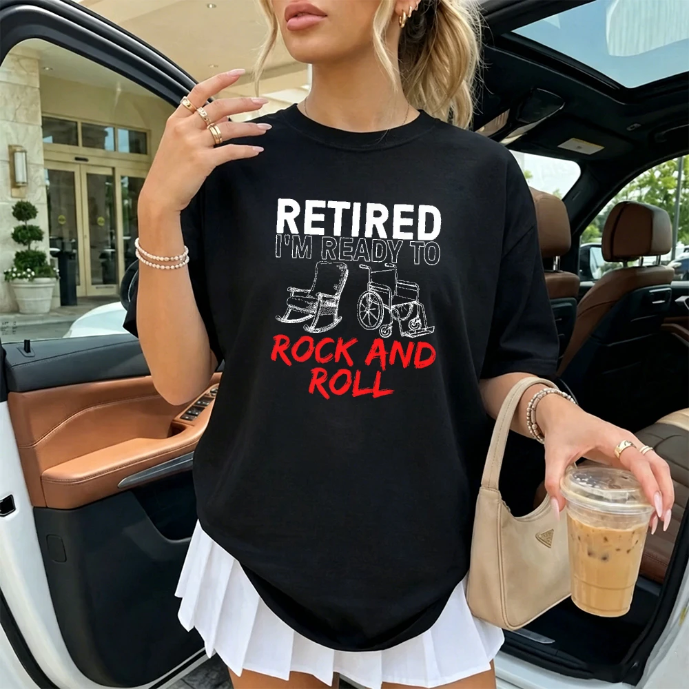 Retired Rock And Roll Wheelchair Pun T Shirt Women Black Round Neck Short Sleeve Tee Top Funny Senior Humor Graphic Top