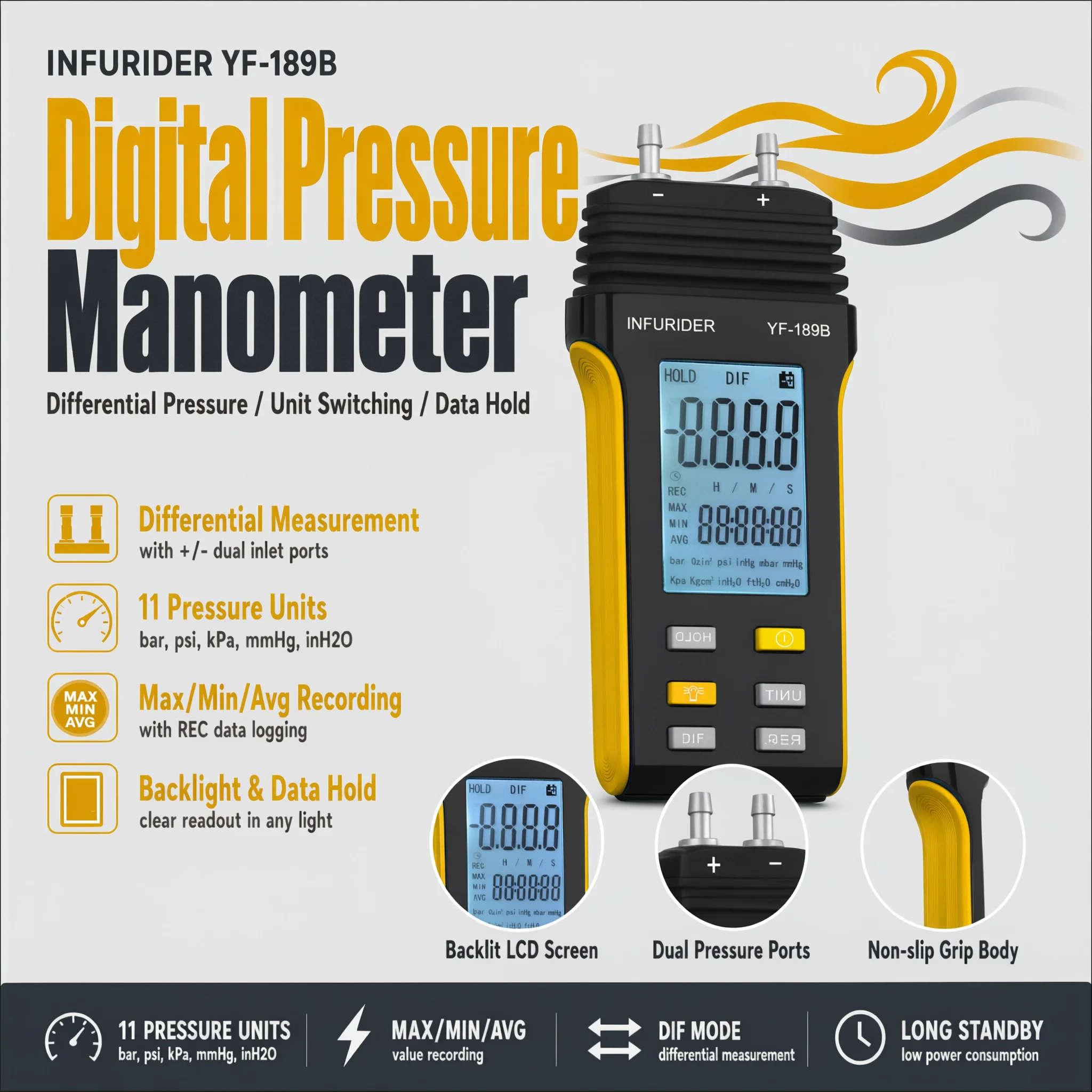 Dual-Port Manometer Air Pressure Meter,11 Selectable Units Differential Pressure Gauge, LCD Screen & Indoor Temperature